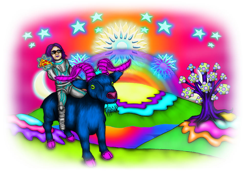 A very exaggerated rendering of myself, also featuring a giant goat, trippy background visuals, and a cosmic sloce of pizza